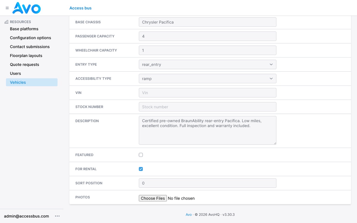 Photo upload fields on the vehicle edit form