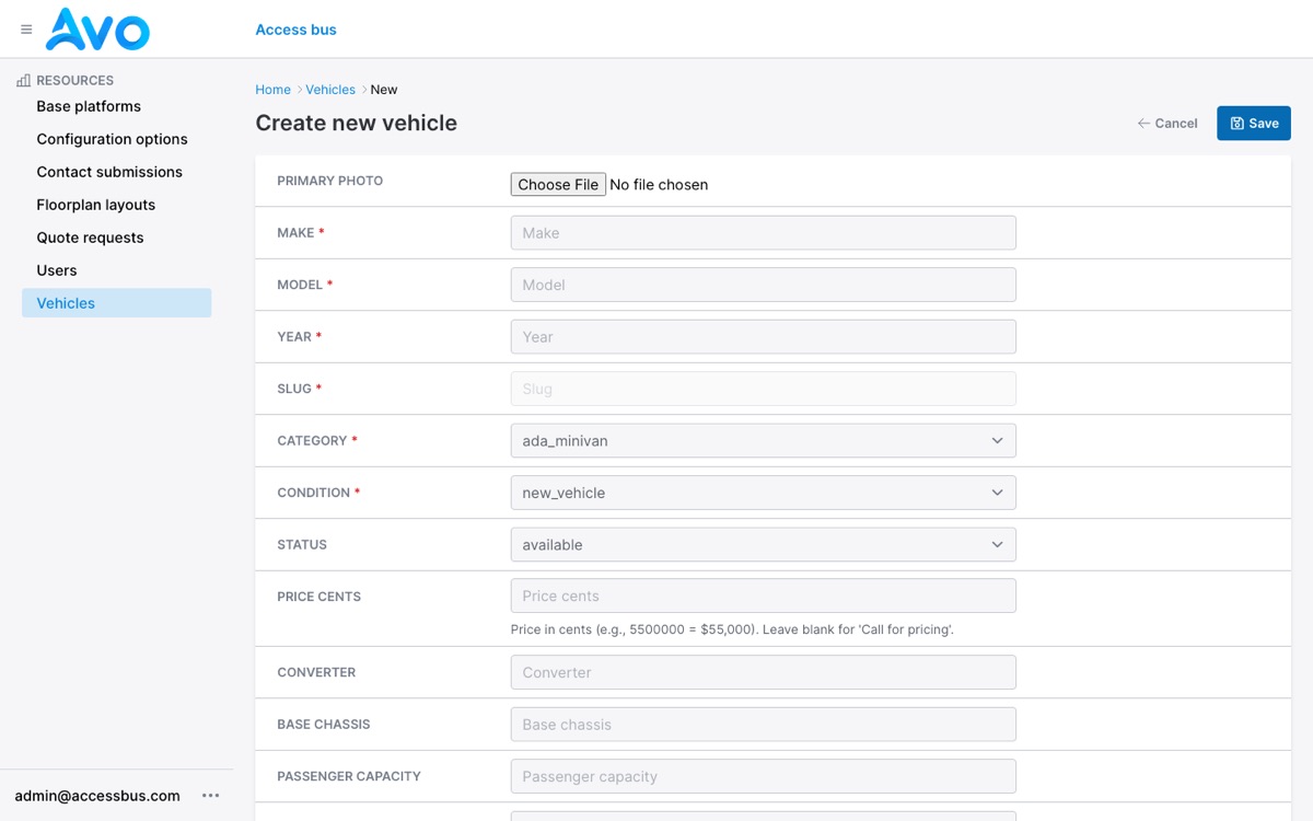 Create new vehicle form